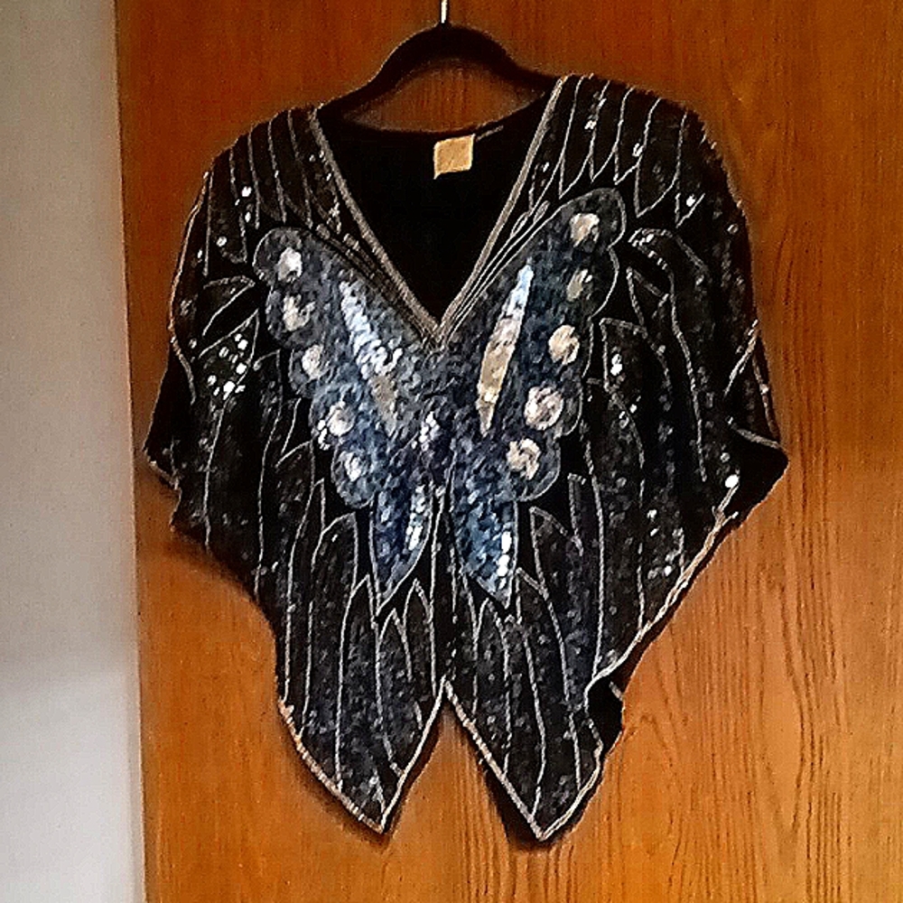 ❤️Vintage butterfly 70's 80's sequin cocktail blouse top